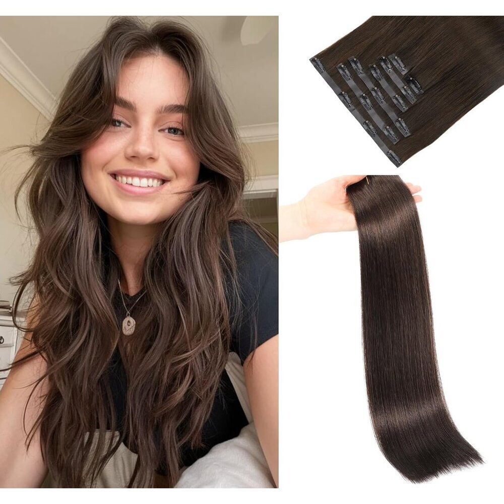 Real Human Hair Extensions Clip In 16 Inch 110g 7pcs Thick Seamless Dark Brown